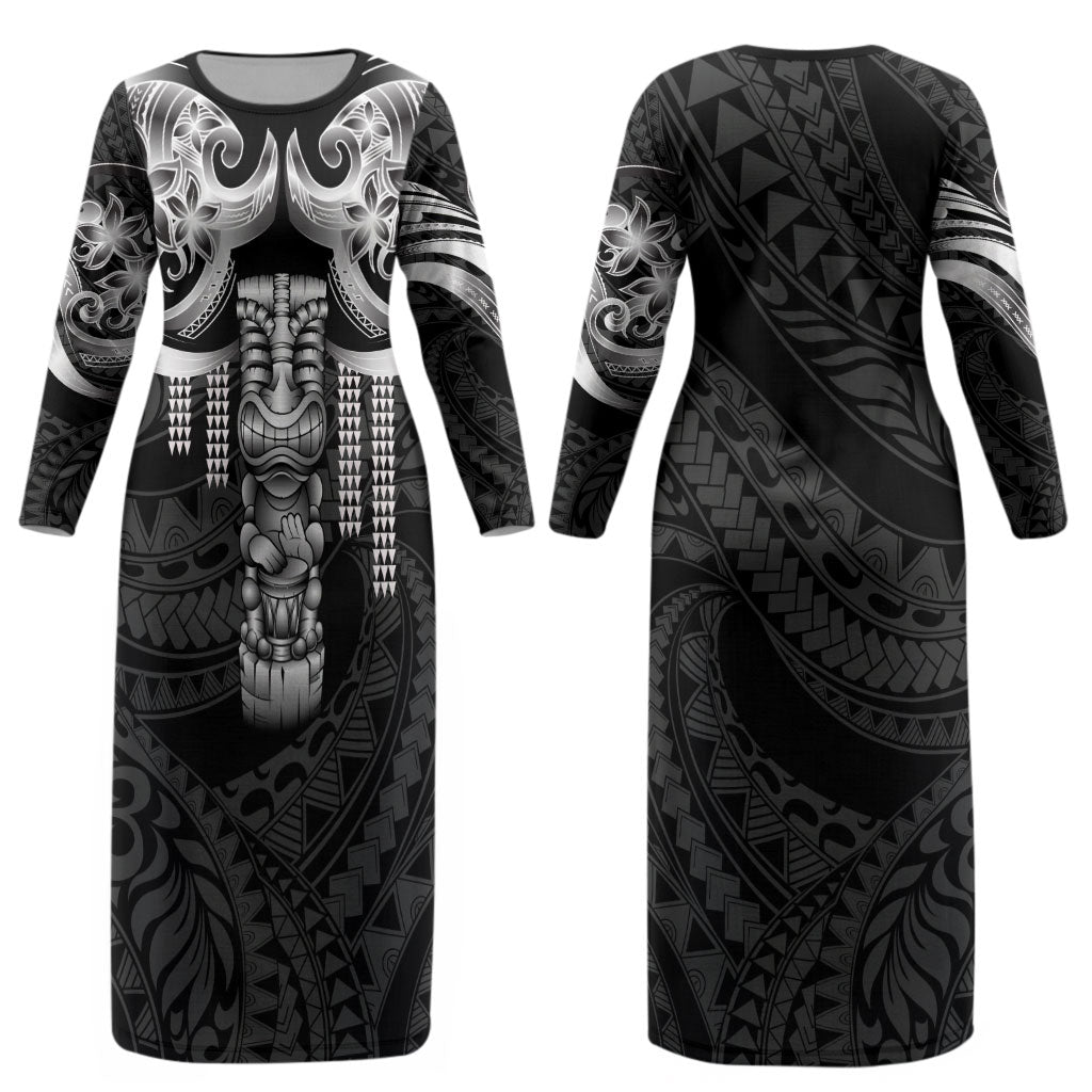 Tiki Drum Hawaii Couples Matching Long Sleeve Bodycon Dress and Long Sleeve Button Shirt Hawaiian Kakau Tattoo Style