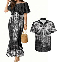 Tiki Drum Hawaii Couples Matching Mermaid Dress and Hawaiian Shirt Hawaiian Kakau Tattoo Style