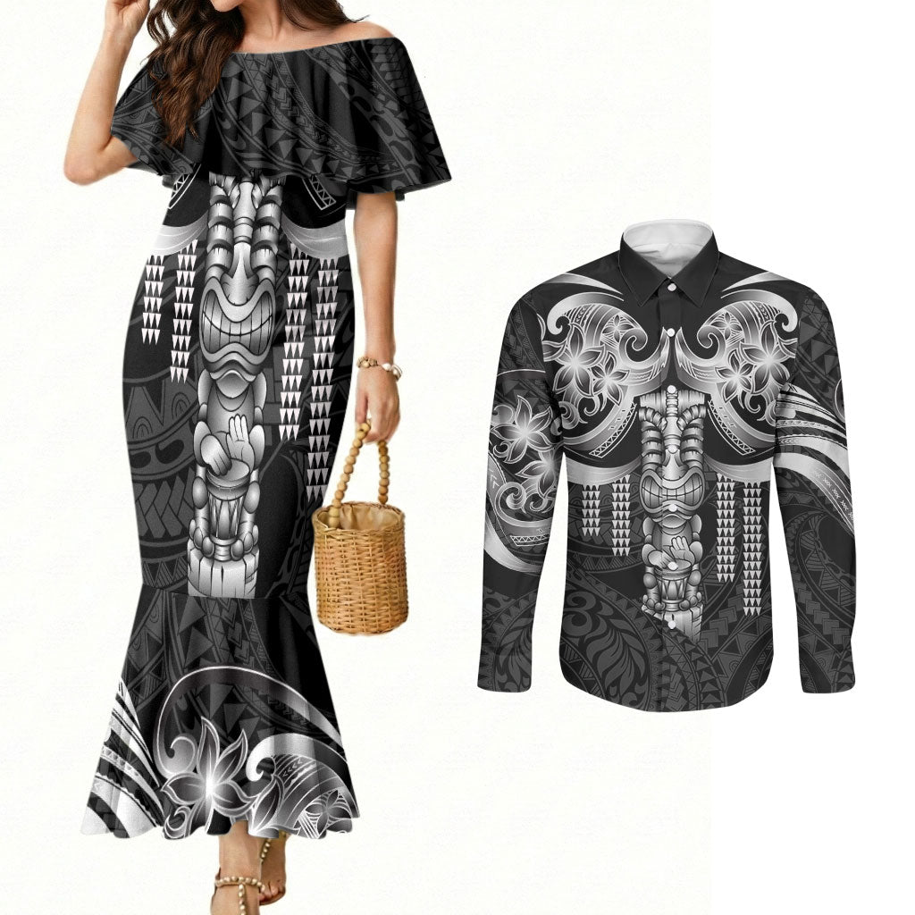 Tiki Drum Hawaii Couples Matching Mermaid Dress and Long Sleeve Button Shirt Hawaiian Kakau Tattoo Style