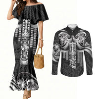 Tiki Drum Hawaii Couples Matching Mermaid Dress and Long Sleeve Button Shirt Hawaiian Kakau Tattoo Style