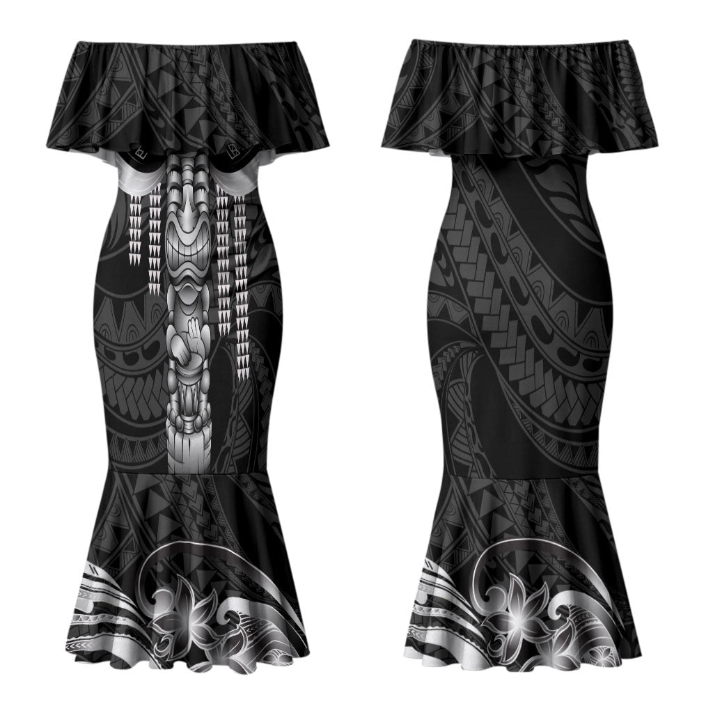 Tiki Drum Hawaii Couples Matching Mermaid Dress and Long Sleeve Button Shirt Hawaiian Kakau Tattoo Style