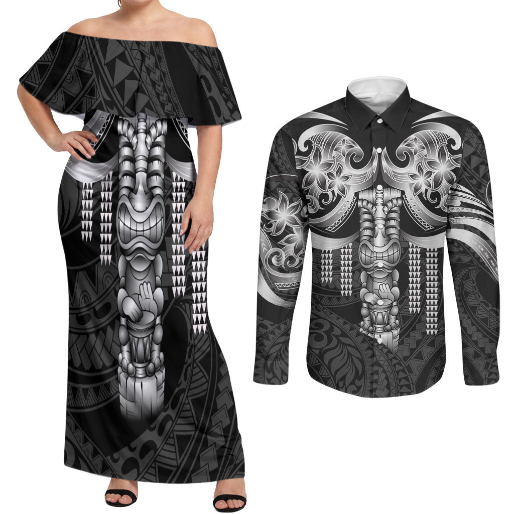 Tiki Drum Hawaii Couples Matching Off Shoulder Maxi Dress and Long Sleeve Button Shirt Hawaiian Kakau Tattoo Style