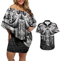 Tiki Drum Hawaii Couples Matching Off Shoulder Short Dress and Hawaiian Shirt Hawaiian Kakau Tattoo Style
