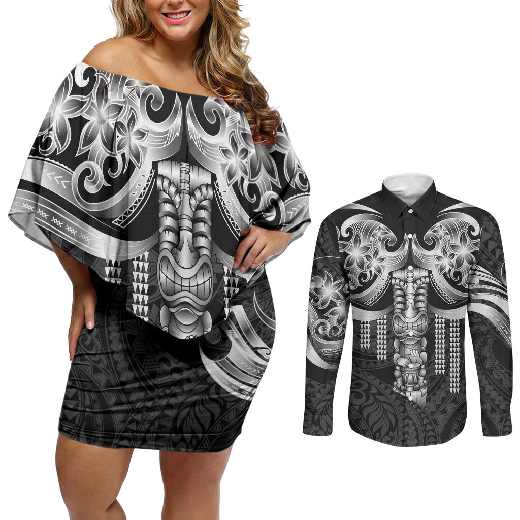 Tiki Drum Hawaii Couples Matching Off Shoulder Short Dress and Long Sleeve Button Shirt Hawaiian Kakau Tattoo Style