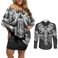 Tiki Drum Hawaii Couples Matching Off Shoulder Short Dress and Long Sleeve Button Shirt Hawaiian Kakau Tattoo Style
