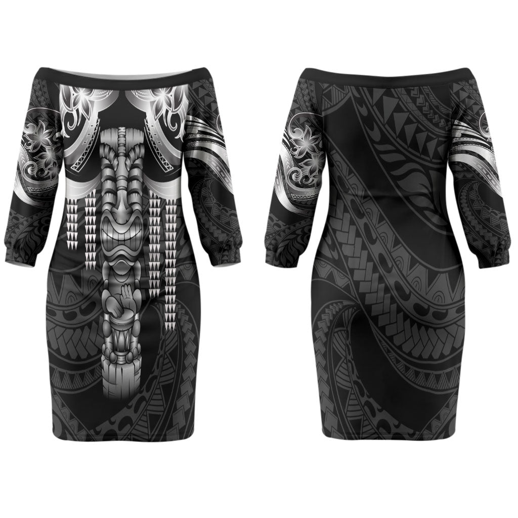 Tiki Drum Hawaii Couples Matching Off The Shoulder Long Sleeve Dress and Hawaiian Shirt Hawaiian Kakau Tattoo Style