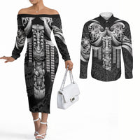 Tiki Drum Hawaii Couples Matching Off The Shoulder Long Sleeve Dress and Long Sleeve Button Shirt Hawaiian Kakau Tattoo Style