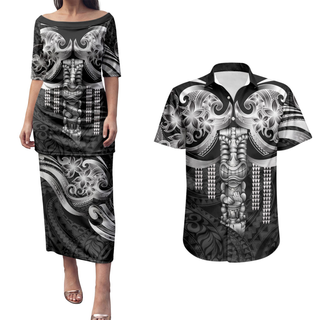 Tiki Drum Hawaii Couples Matching Puletasi and Hawaiian Shirt Hawaiian Kakau Tattoo Style