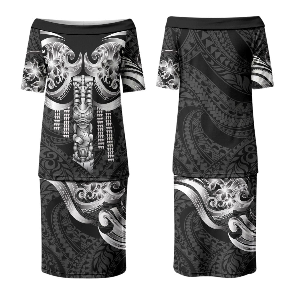 Tiki Drum Hawaii Couples Matching Puletasi and Long Sleeve Button Shirt Hawaiian Kakau Tattoo Style