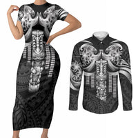 Tiki Drum Hawaii Couples Matching Short Sleeve Bodycon Dress and Long Sleeve Button Shirt Hawaiian Kakau Tattoo Style