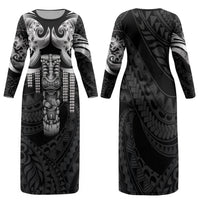 Tiki Drum Hawaii Family Matching Long Sleeve Bodycon Dress and Hawaiian Shirt Hawaiian Kakau Tattoo Style