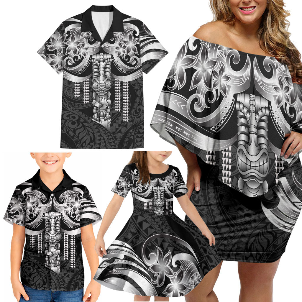 Tiki Drum Hawaii Family Matching Off Shoulder Short Dress and Hawaiian Shirt Hawaiian Kakau Tattoo Style