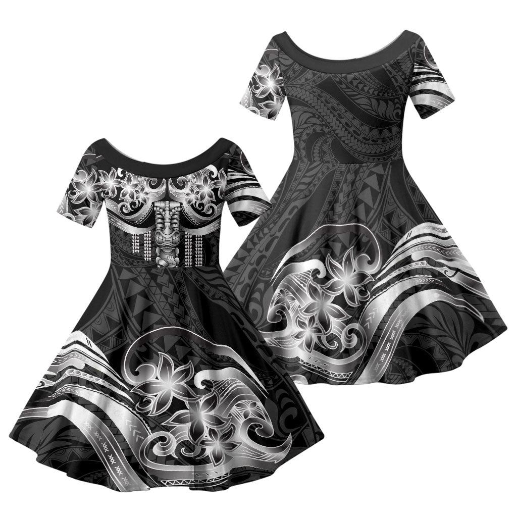 Tiki Drum Hawaii Family Matching Off Shoulder Short Dress and Hawaiian Shirt Hawaiian Kakau Tattoo Style