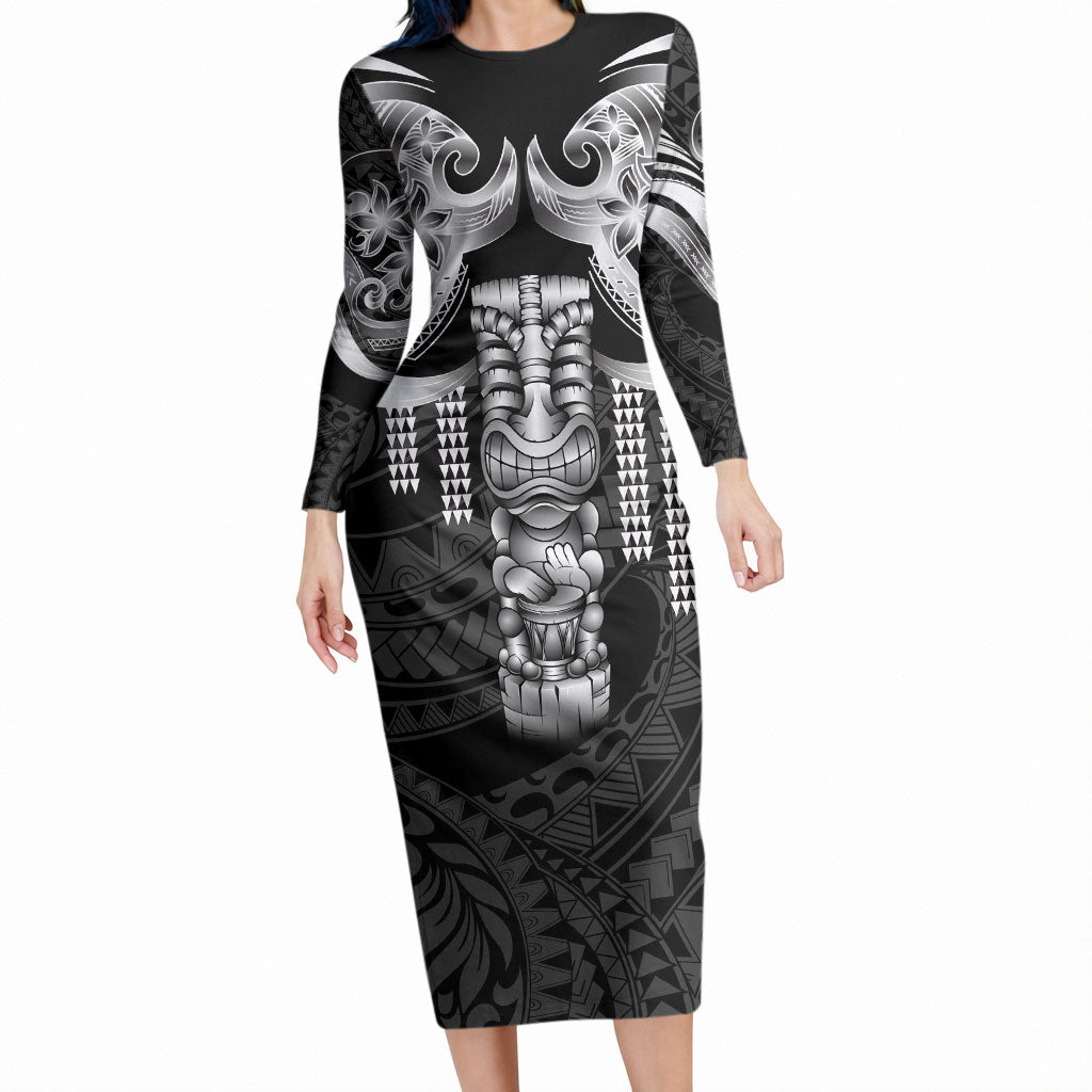 Tiki Drum Hawaii Long Sleeve Bodycon Dress Hawaiian Kakau Tattoo Style