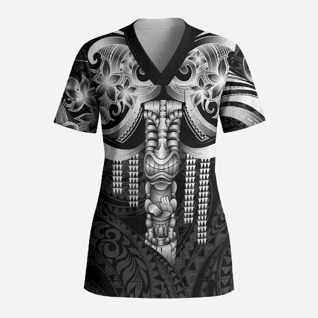 Tiki Drum Hawaii Scrub Top Hawaiian Kakau Tattoo Style