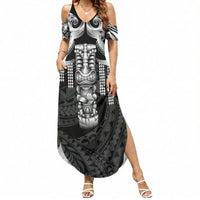Tiki Drum Hawaii Summer Maxi Dress Hawaiian Kakau Tattoo Style