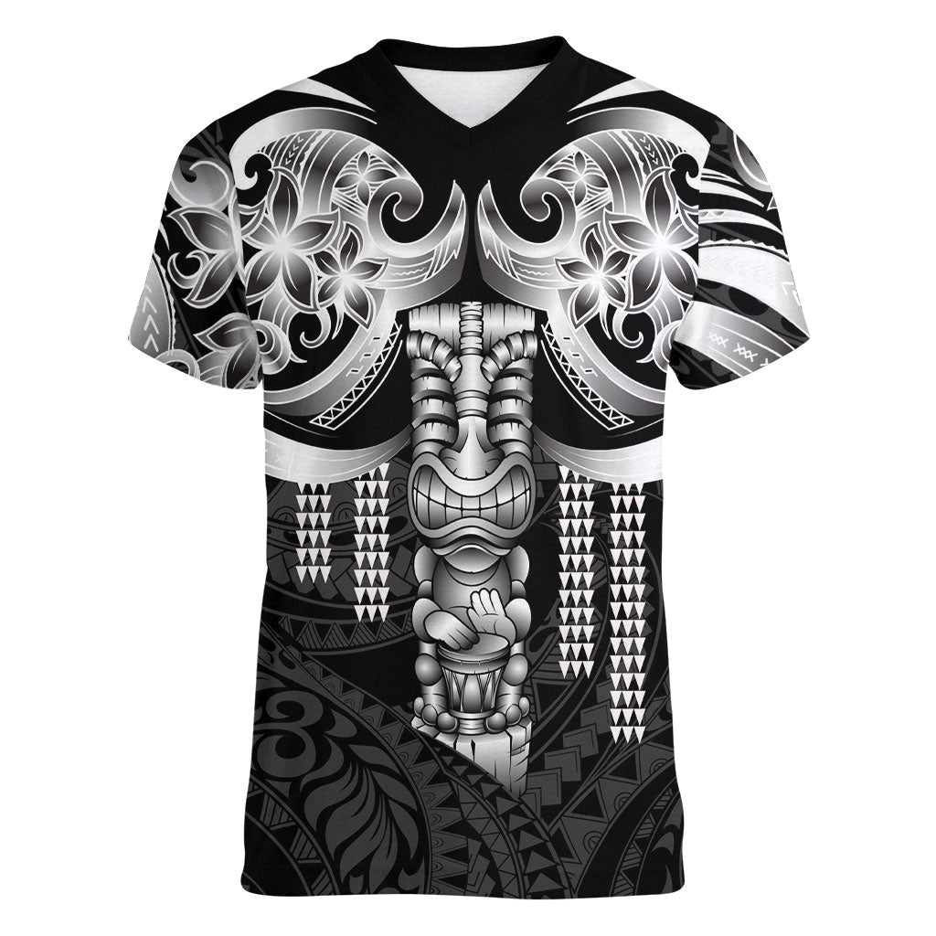 Tiki Drum Hawaii Women V-Neck T-Shirt Hawaiian Kakau Tattoo Style