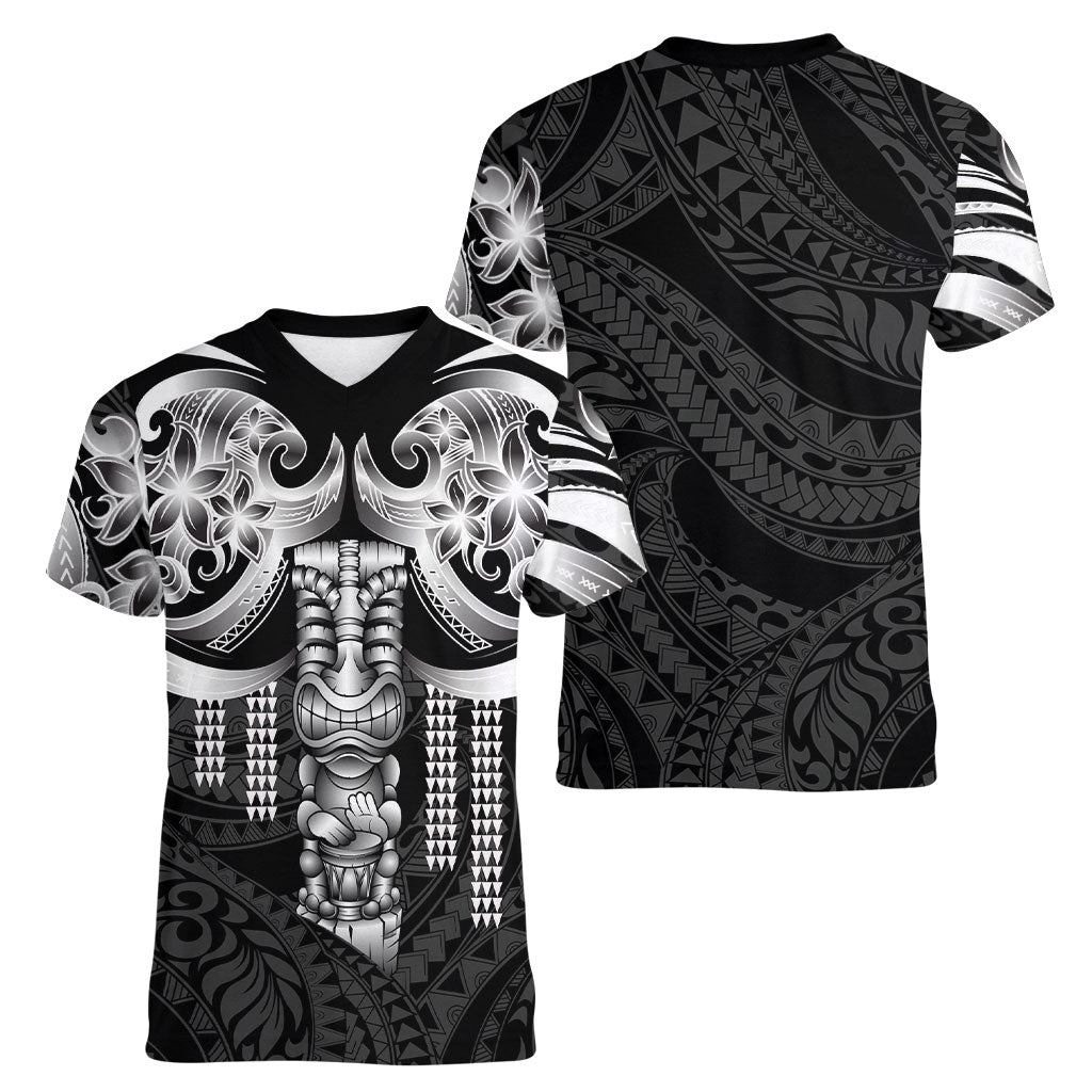 Tiki Drum Hawaii Women V-Neck T-Shirt Hawaiian Kakau Tattoo Style