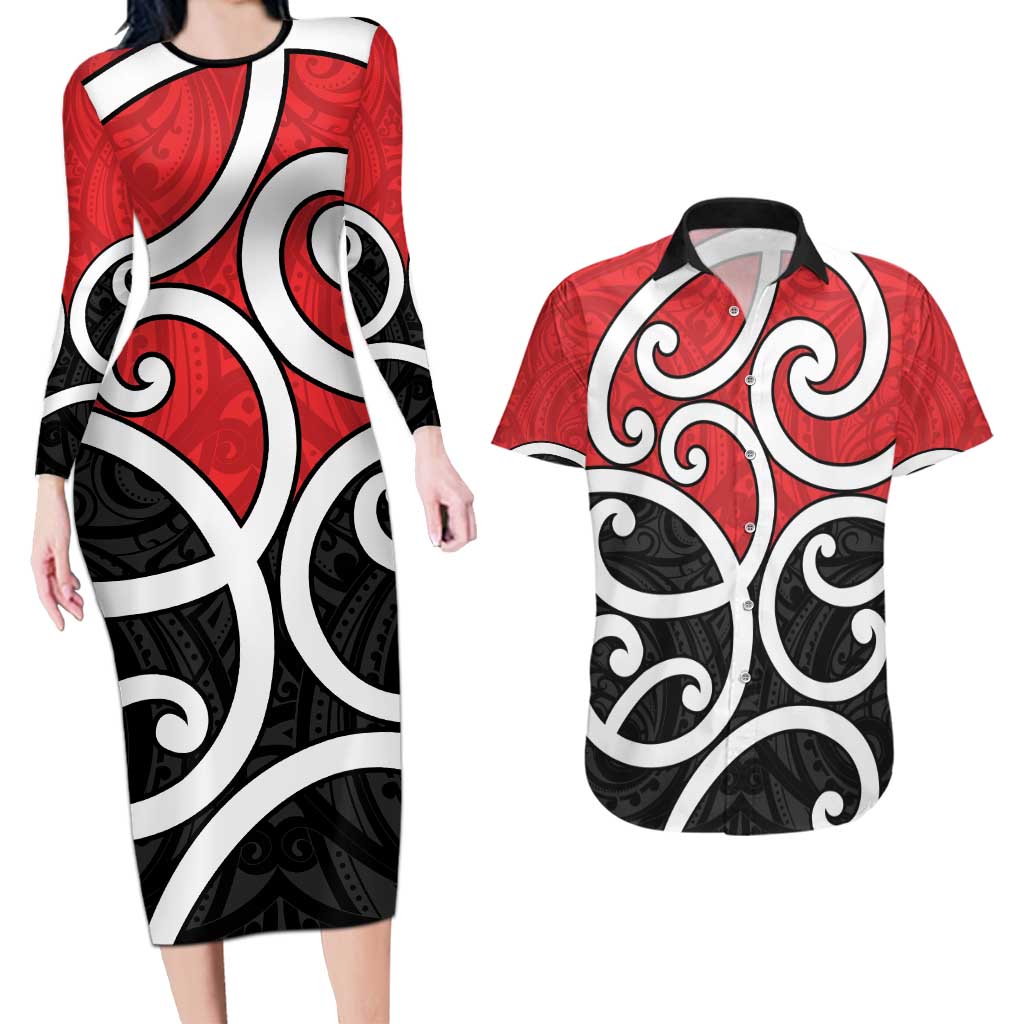 New Zealand Couples Matching Long Sleeve Bodycon Dress and Hawaiian Shirt Maori Koru Tino Rangatiratanga Color - Polynesian Pride