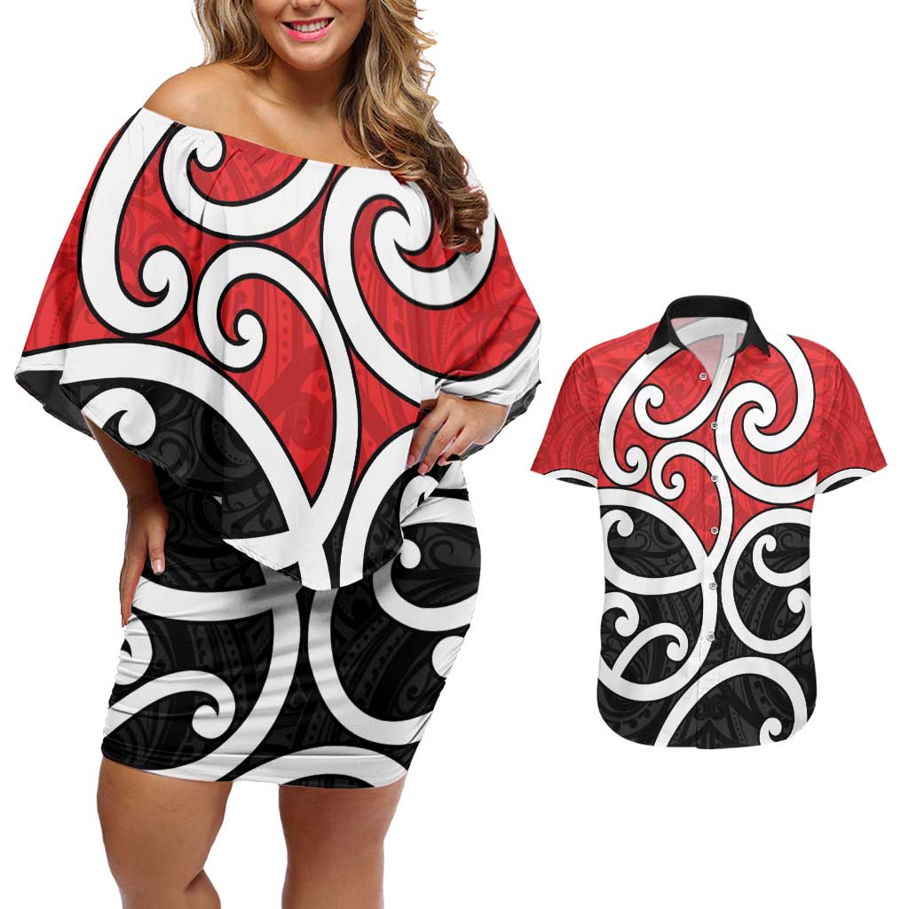 New Zealand Couples Matching Off Shoulder Short Dress and Hawaiian Shirt Maori Koru Tino Rangatiratanga Color - Polynesian Pride