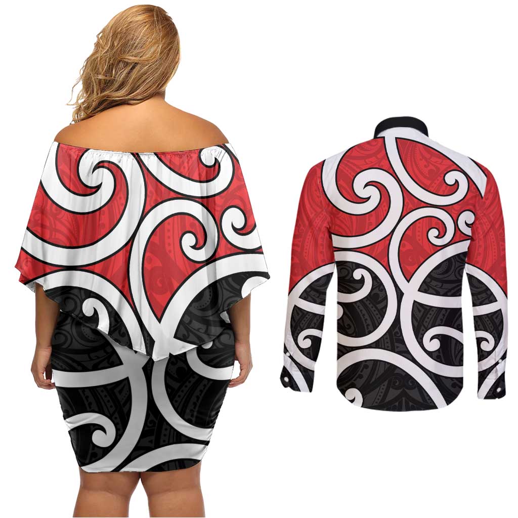 New Zealand Couples Matching Off Shoulder Short Dress and Long Sleeve Button Shirt Maori Koru Tino Rangatiratanga Color - Polynesian Pride