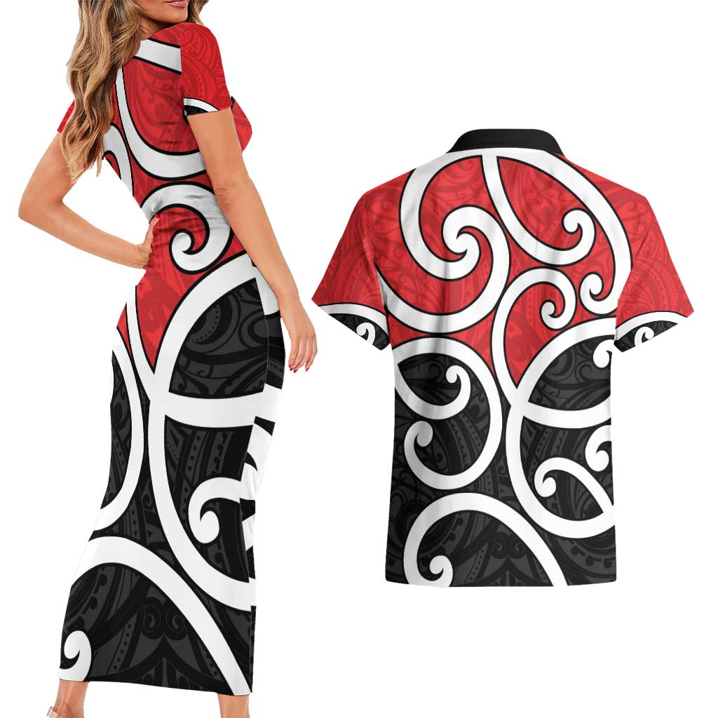 New Zealand Couples Matching Short Sleeve Bodycon Dress and Hawaiian Shirt Maori Koru Tino Rangatiratanga Color - Polynesian Pride
