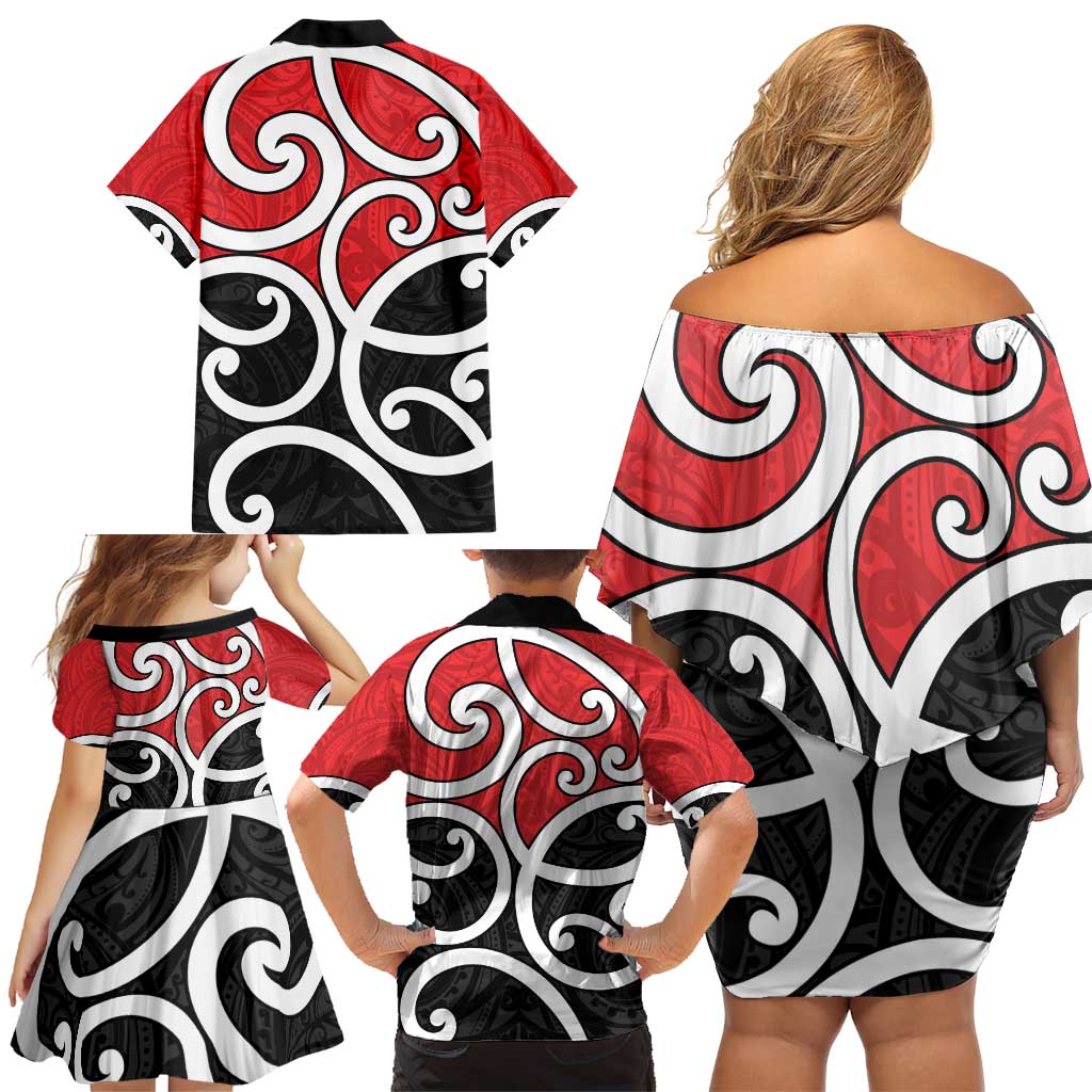 New Zealand Family Matching Off Shoulder Short Dress and Hawaiian Shirt Maori Koru Tino Rangatiratanga Color - Polynesian Pride