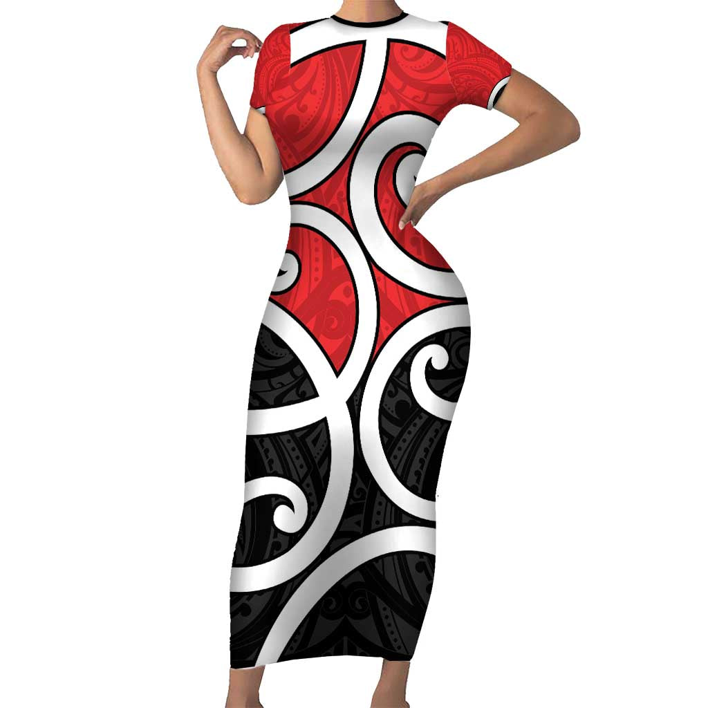 New Zealand Family Matching Short Sleeve Bodycon Dress and Hawaiian Shirt Maori Koru Tino Rangatiratanga Color LT14 Mom's Dress Red - Polynesian Pride