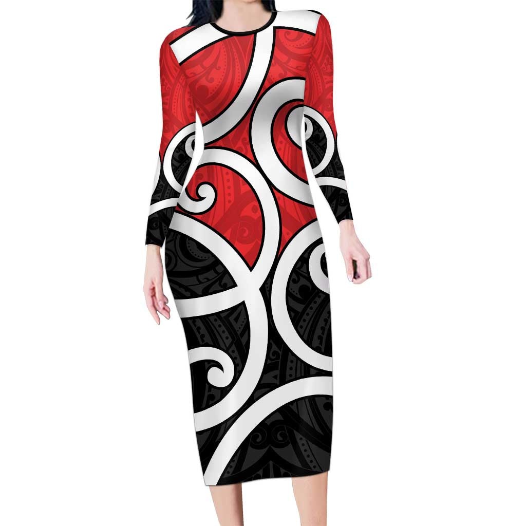 New Zealand Long Sleeve Bodycon Dress Maori Koru Tino Rangatiratanga Color - Polynesian Pride