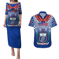 Custom Samoa Rugby Couples Matching Puletasi Dress and Hawaiian Shirt 2023 Go Manu Samoa With Ula Fala Style LT14 Blue - Polynesian Pride