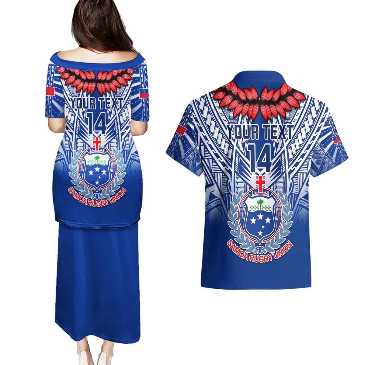 Custom Samoa Rugby Couples Matching Puletasi Dress and Hawaiian Shirt 2023 Go Manu Samoa With Ula Fala Style LT14 - Polynesian Pride