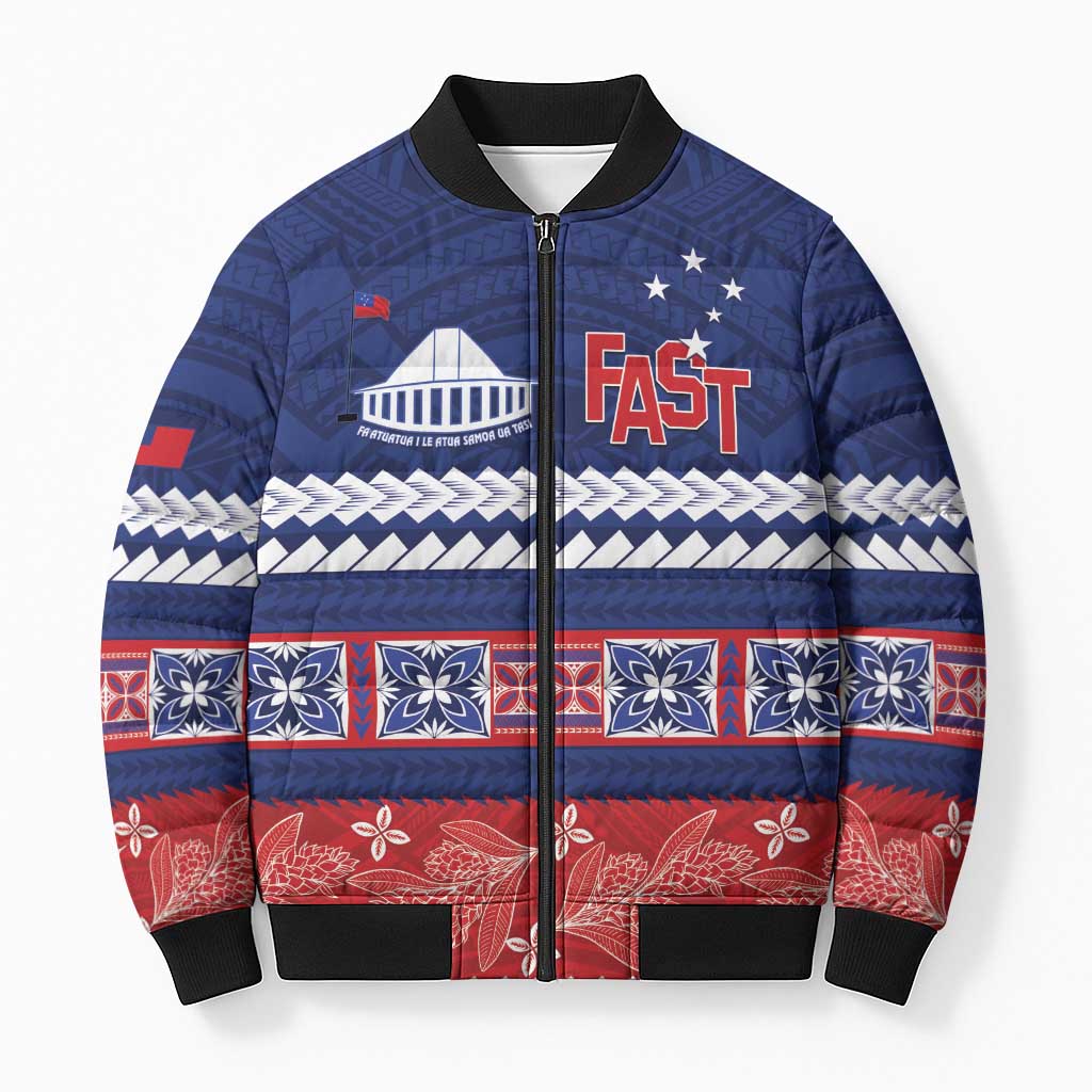 Personalised FAST Samoa Siapo Bomber Puffer Jacket Teuila Flowers Samoan Pattern - Polynesian Pride