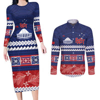Personalised FAST Samoa Siapo Couples Matching Long Sleeve Bodycon Dress and Long Sleeve Button Shirt Teuila Flowers Samoan Pattern - Polynesian Pride