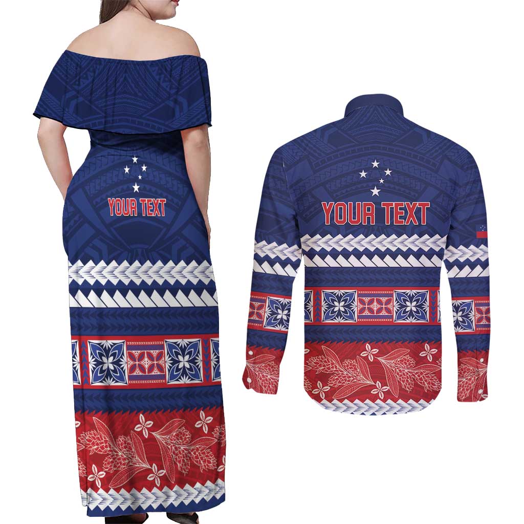 Personalised FAST Samoa Siapo Couples Matching Off Shoulder Maxi Dress and Long Sleeve Button Shirt Teuila Flowers Samoan Pattern - Polynesian Pride