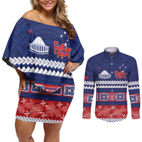 Personalised FAST Samoa Siapo Couples Matching Off Shoulder Short Dress and Long Sleeve Button Shirt Teuila Flowers Samoan Pattern - Polynesian Pride