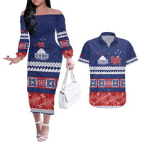 Personalised FAST Samoa Siapo Couples Matching Off The Shoulder Long Sleeve Dress and Hawaiian Shirt Teuila Flowers Samoan Pattern - Polynesian Pride