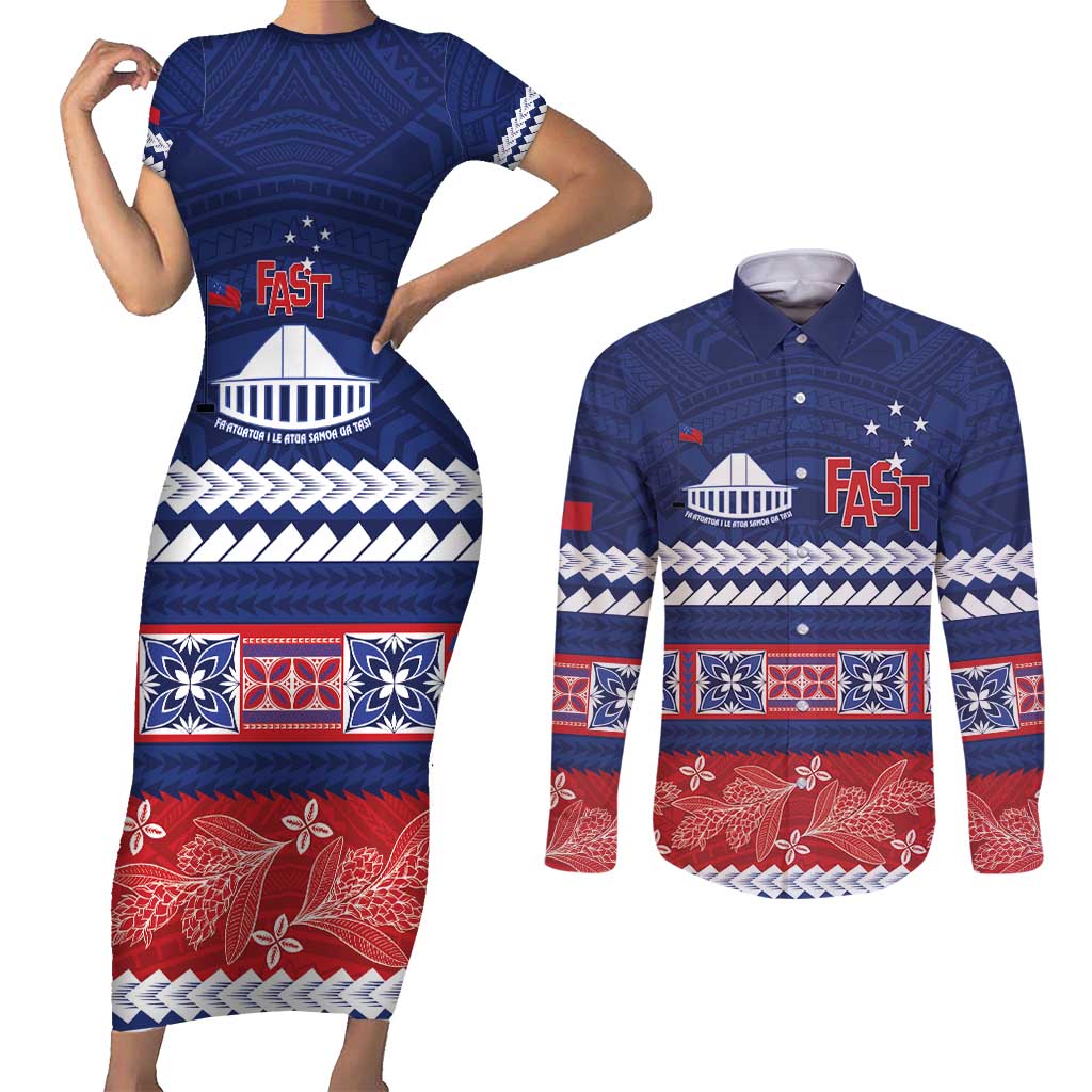 Personalised FAST Samoa Siapo Couples Matching Short Sleeve Bodycon Dress and Long Sleeve Button Shirt Teuila Flowers Samoan Pattern - Polynesian Pride