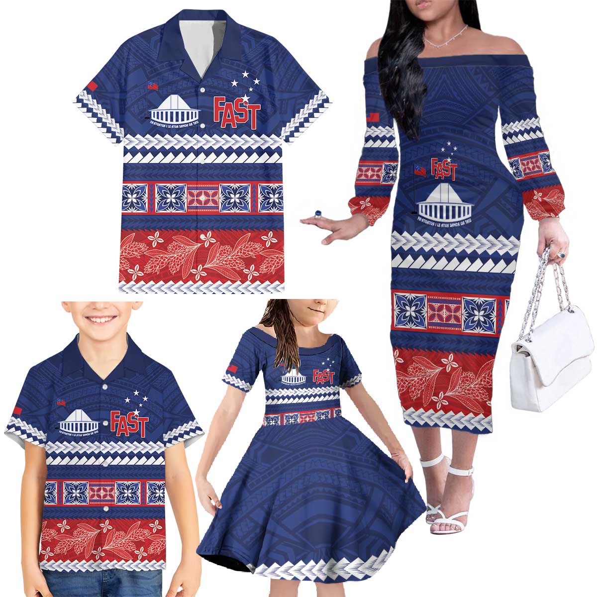 Personalised FAST Samoa Siapo Family Matching Off The Shoulder Long Sleeve Dress and Hawaiian Shirt Teuila Flowers Samoan Pattern - Polynesian Pride