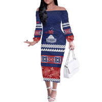 Personalised FAST Samoa Siapo Off The Shoulder Long Sleeve Dress Teuila Flowers Samoan Pattern - Polynesian Pride