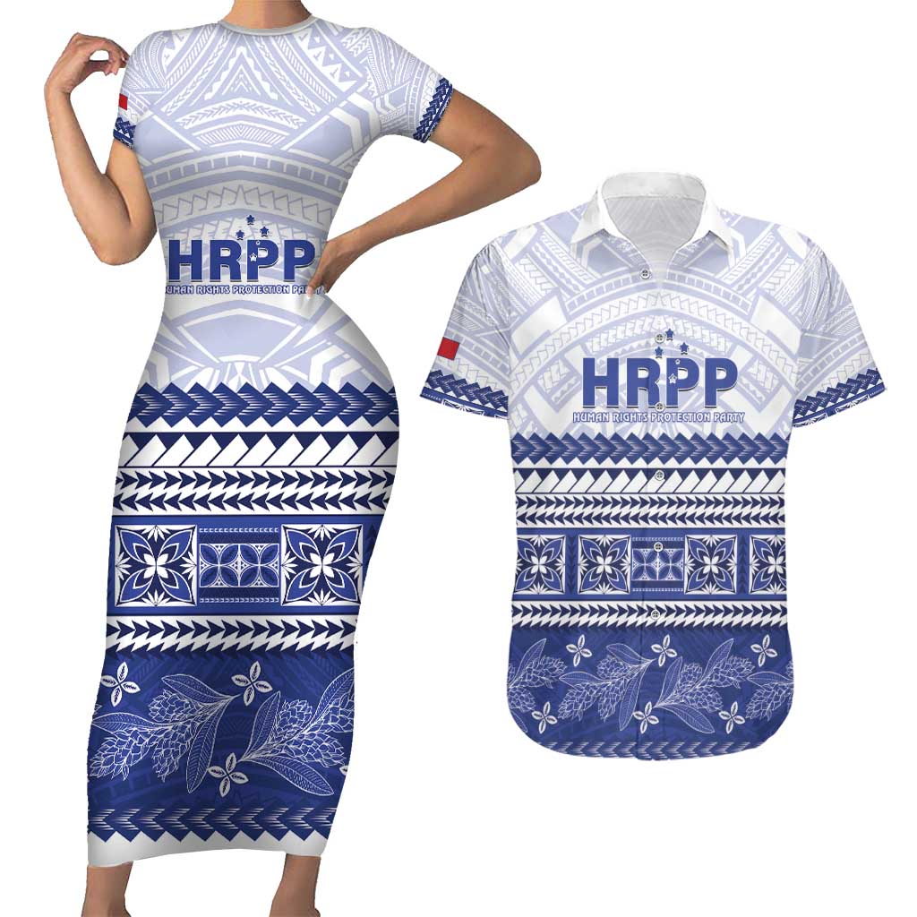 Personalised HRPP Samoa Siapo Couples Matching Short Sleeve Bodycon Dress and Hawaiian Shirt Teuila Flowers Samoan Pattern - Polynesian Pride