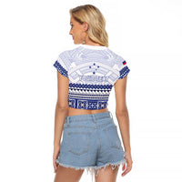 Personalised HRPP Samoa Siapo Raglan Cropped T Shirt Teuila Flowers Samoan Pattern - Polynesian Pride