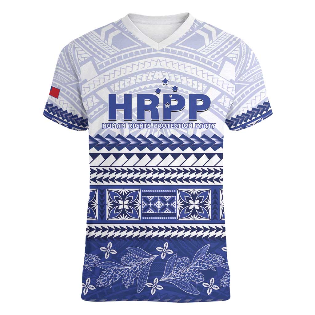 Personalised HRPP Samoa Siapo Women V-Neck T-Shirt Teuila Flowers Samoan Pattern - Polynesian Pride