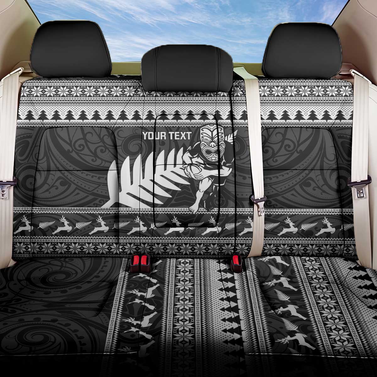 New Zealand Christmas Rugby Personalised Back Car Seat Cover Meri Kirihimete All Black Maori - Polynesian Pride
