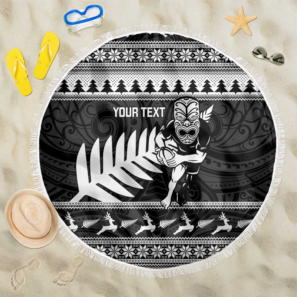New Zealand Christmas Rugby Personalised Beach Blanket Meri Kirihimete All Black Maori - Polynesian Pride