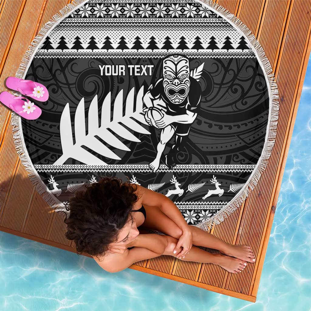 New Zealand Christmas Rugby Personalised Beach Blanket Meri Kirihimete All Black Maori - Polynesian Pride