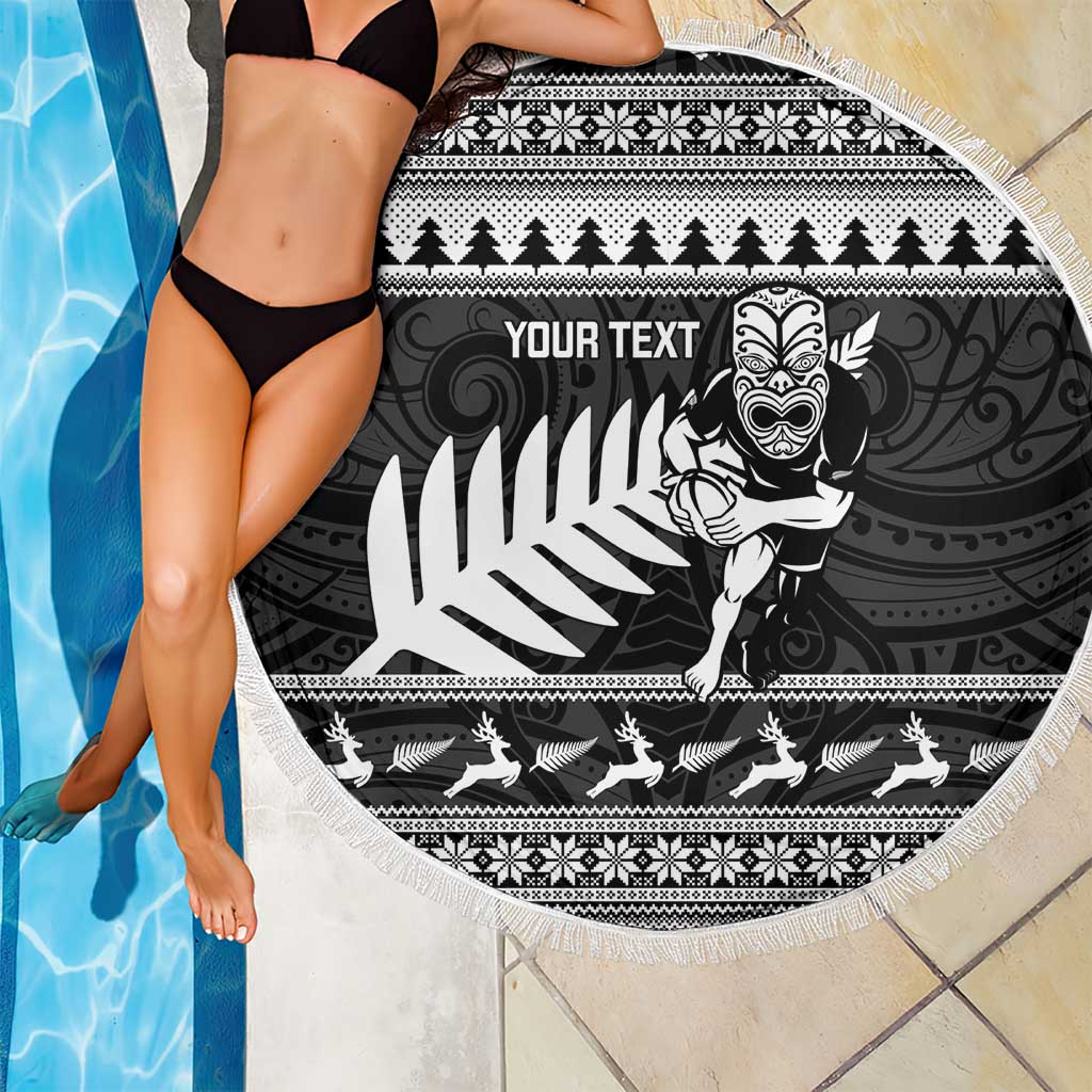 New Zealand Christmas Rugby Personalised Beach Blanket Meri Kirihimete All Black Maori - Polynesian Pride
