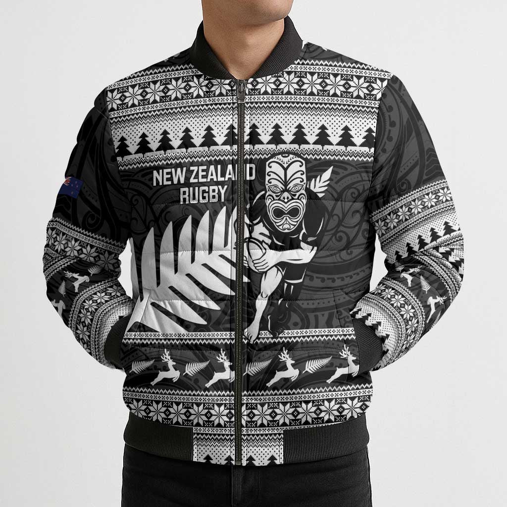 New Zealand Christmas Rugby Personalised Bomber Puffer Jacket Meri Kirihimete All Black Maori - Polynesian Pride