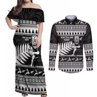 New Zealand Christmas Rugby Personalised Couples Matching Off Shoulder Maxi Dress and Long Sleeve Button Shirt Meri Kirihimete All Black Maori - Polynesian Pride