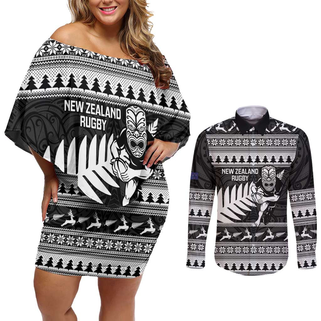 New Zealand Christmas Rugby Personalised Couples Matching Off Shoulder Short Dress and Long Sleeve Button Shirt Meri Kirihimete All Black Maori - Polynesian Pride