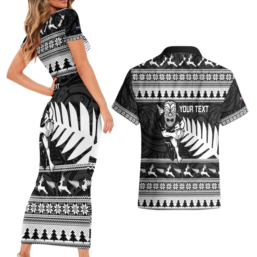 New Zealand Christmas Rugby Personalised Couples Matching Short Sleeve Bodycon Dress and Hawaiian Shirt Meri Kirihimete All Black Maori - Polynesian Pride